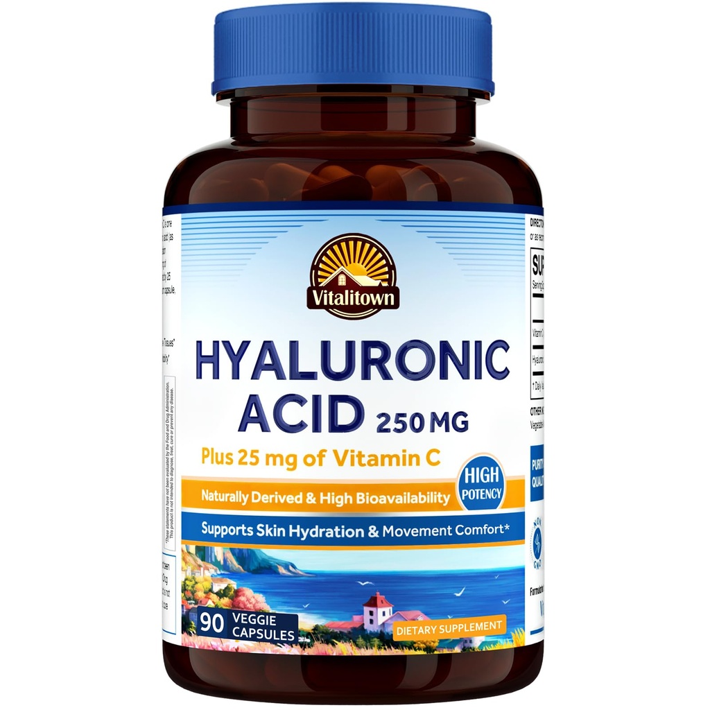 Vitalitown Hyaluronsäure Ergänzungen 250 mg, Plus 25 mg Vitamin C, Natürlich abgeleitet und hohe Bioverfügbarkeit, Haut Hydration, 90 Vegan Kapseln, 3 Monate Versorgung