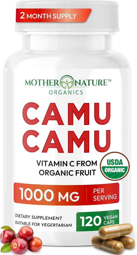 Vitamine C organique de Camu Capsules Camu 1000mg, emballé avec VIT C naturel, antioxydants bruts - Supplément de soutien immunitaire et anti-âge pour la peau - Poudre organique, végétalien, non-OGM (120 Nombre)