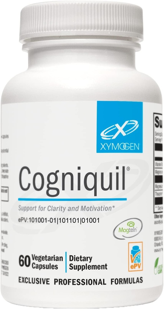 XYMOGEN Cogniquil - Unterstützung für Klarheit, Fokus, Motivation, Psychische und physische Energie - Magnesium L-Threonate, um Bioverfügbares Magnesium für das Gehirn, Theacrine + Vitamin B12 (60 Kapseln)