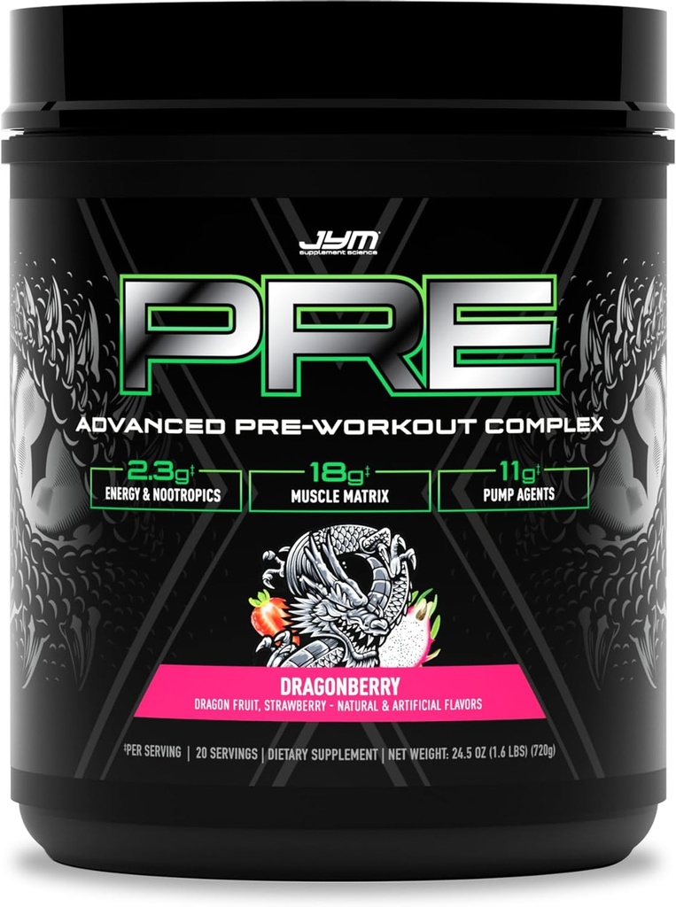 JYM Supplement Science Pre JYM X Dragonberry Advanced Pre-Workout Powder Massive Pumps, Citrulline Nitrate, Dynamine, NO3T Betaine, BCAA’s, Nootropics, Creatine, Beta-Alanine, 20 Portionen