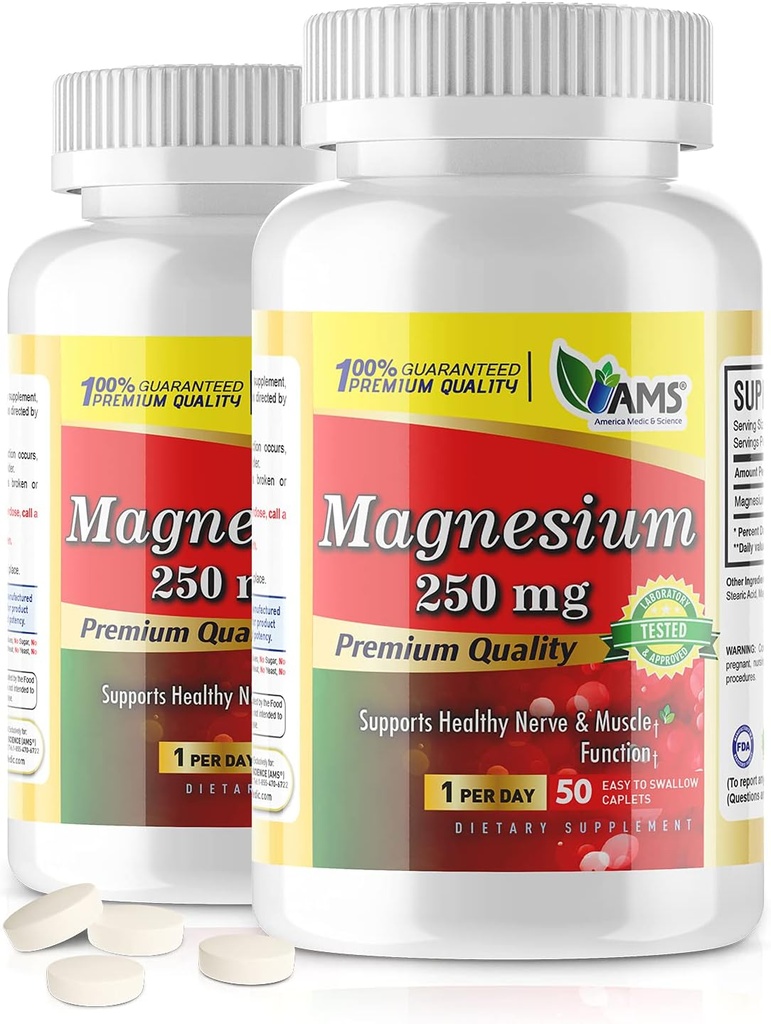 Amerika Medic & Science Magnesium 250 mg (100 Caplets) | Paket von 2 Flaschen | Magnesiumoxid-Ergänzung für Männer und Frauen | Unterstützt gesunde Nerven- und Muskelfunktionen | Erhöht die Ausübung Leistung