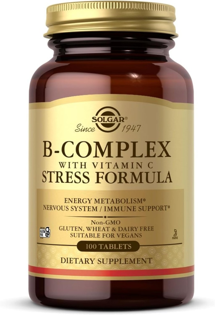 Solgar B-Complexe avec vitamine C - 100 comprimés - Non-OGM, végétalien, sans casher et sans gluten - 50 portions
