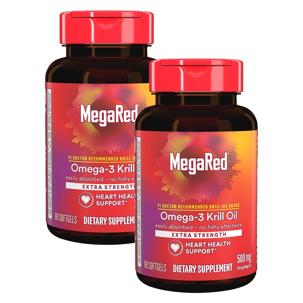 MegaRed Extra Strength 500mg Omega-3 Krill Öl Ergänzung mit EPA/DHA, Kein Fisch Nachgeschmack unterstützt Herzgesundheit, 80 Count Softgels (2 Pack)