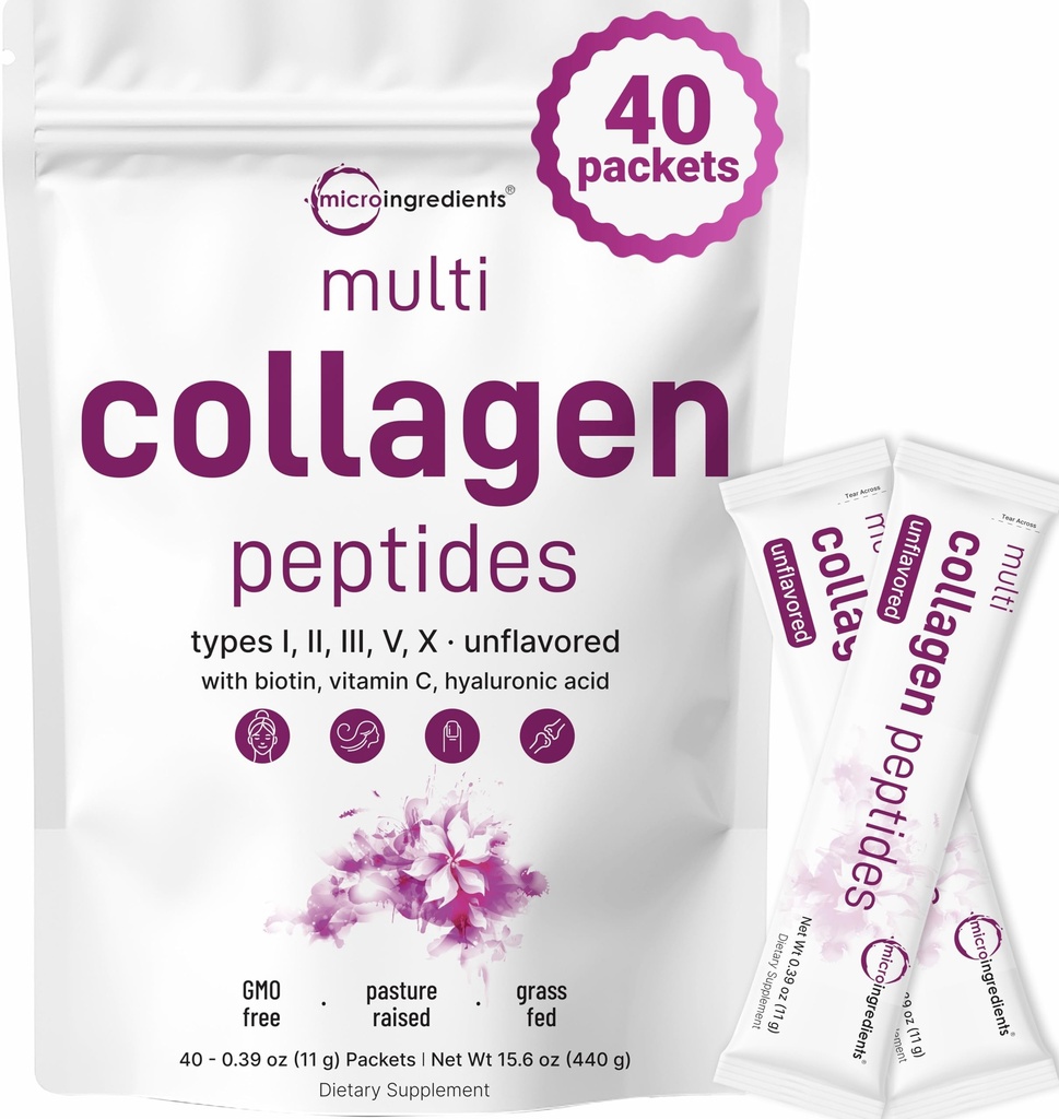 Micro Ingredients Multi Collagen Peptides Powder, 40 Stick Packs | Typ I, II, III, V, X + Biotin, Vitamin C & Hyaluronsäure | Unflavored | Unterstützt Haare, Haut & Gelenke Gesundheit | Keto, Non-GMO