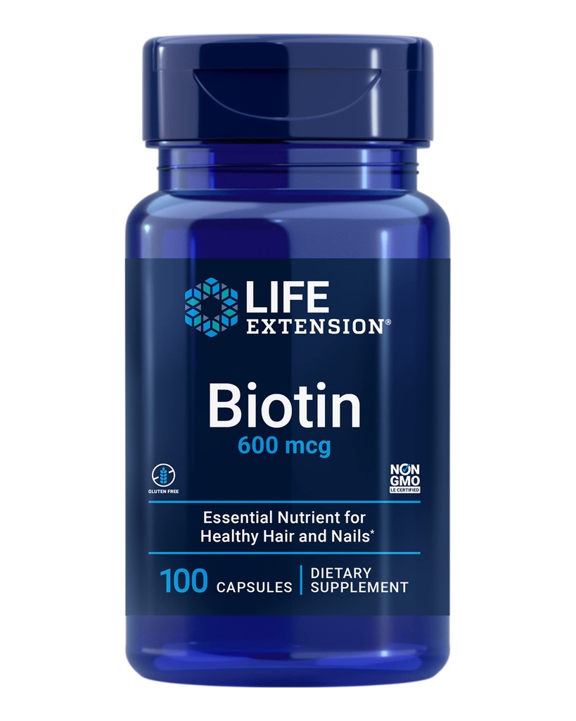 Lebensverlängerung Biotin 600 mcg Vitamin B7 Unterstützungsergänzung für schöne Haare, Nägel &amp; darüber hinaus – Glutenfrei, Non-GMO - 100 Kapseln