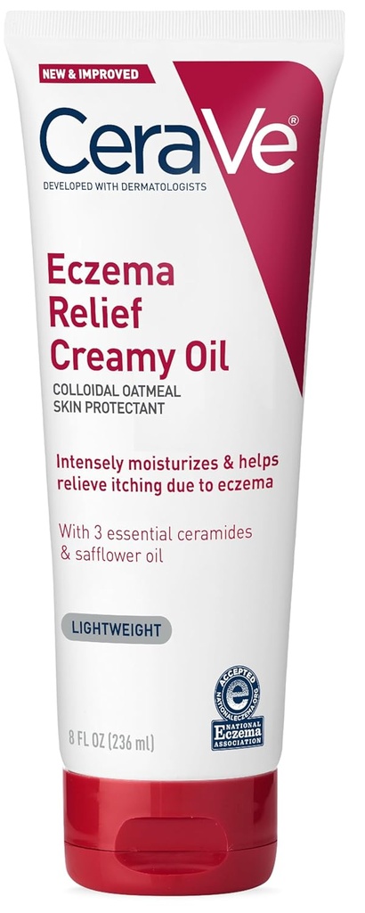 CeraVe Eczema Relief Huile Crémeuse pour le corps, crème calmante Eczema avec huile colloïdale d'avoine et de carthame pour peau sèche et déchiquetante, sans stéroïde et sans parabène, 8 once