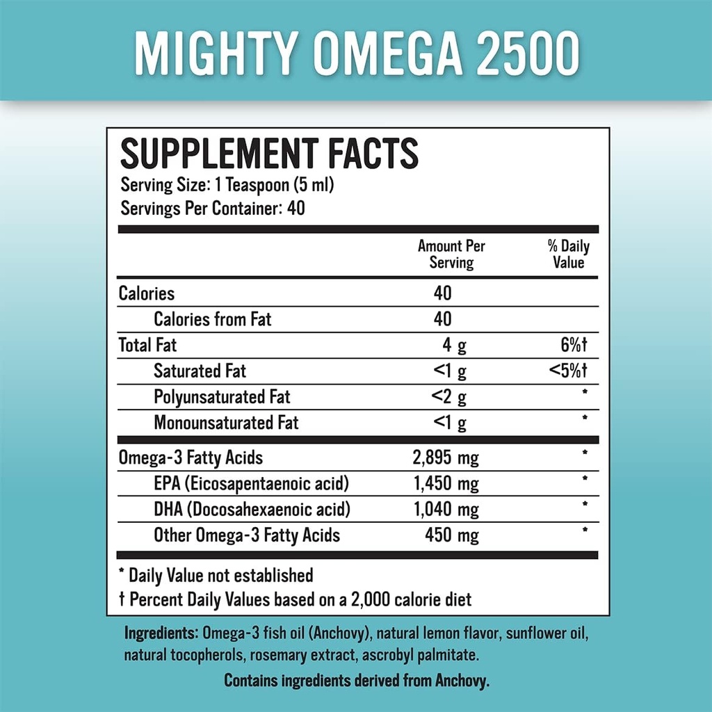 Mighty Omega 2500 Potent Omega 3 Supplement - 2500 MG EPA DHA Per Teaspoon - High Dose Omega 3 Fischöl - South Pacific Anchovy Sourced - Triglycerid Omegas 3 Fatty Acid Supplement