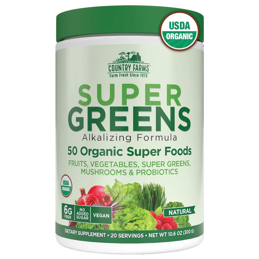 Fermes de campagne Bio Super Verts Saveur naturelle, 50 Super aliments biologiques, emballés avec fibre, USDA Mélange de boisson biologique, Fruits, Légumes, Champignons et Probiotiques, Supporte l'énergie, 6g Fibre