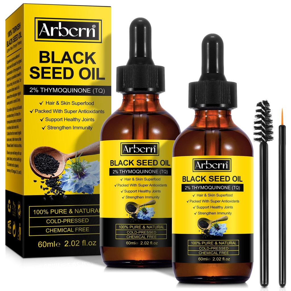 2 Pack Black Seed Oil Organic Cold Pressed, 100% Pure & Natural Liquid Black Seed Oil Cold Pressed Glass Bouteille 60ML pour les soins de la peau, les nausées et les cheveux hydratants