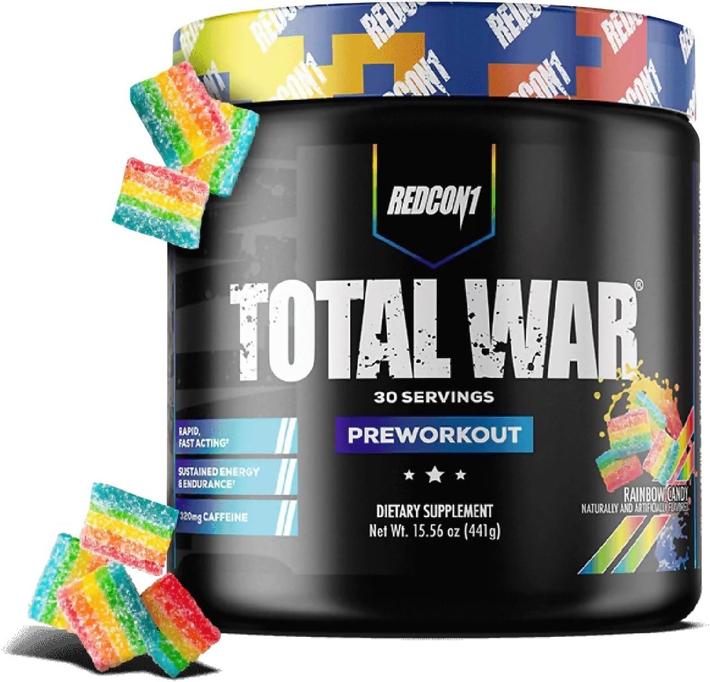 REDCON1 Total War Pre Workout, Rainbow Candy - Beta Alanine + Citrulline Malate Keto Friendly Preworkout pour les hommes et les femmes avec 320mg de caféine - Fast Acting (30 portions)