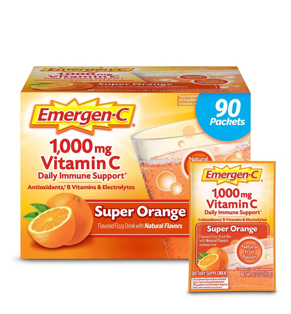 Emergen-C 1000mg Vitamin C Pulver für tägliche Immununterstützung Koffeinfreie Vitamin C Ergänzungen mit Zink und Mangan, B Vitamine und Elektrolyte, Super Orange Flavor - 90 Count/3 Month Versorgung