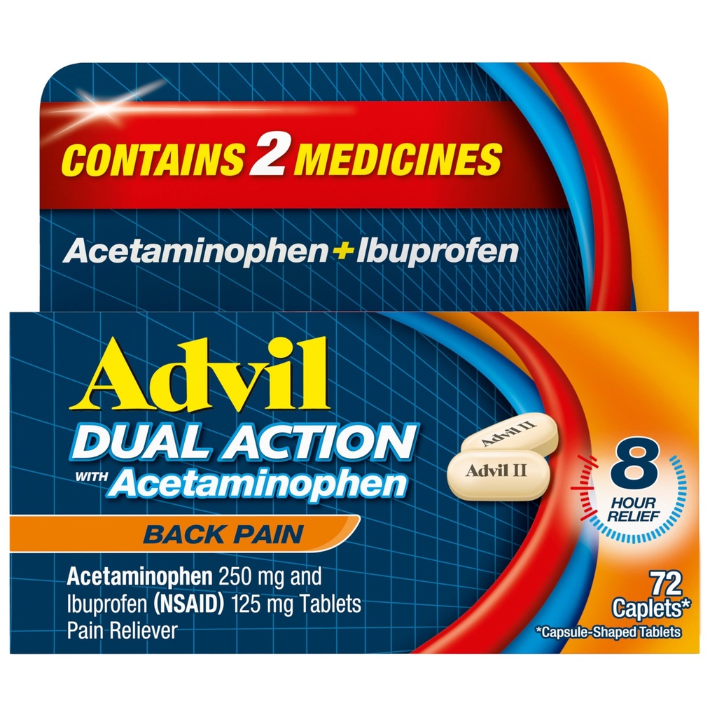 Advil double action Caplets de douleur du dos livre 250mg Ibuprofène et 500mg Acétaminophène par dose pour 8 heures de soulagement de la douleur du dos - 72 Compte