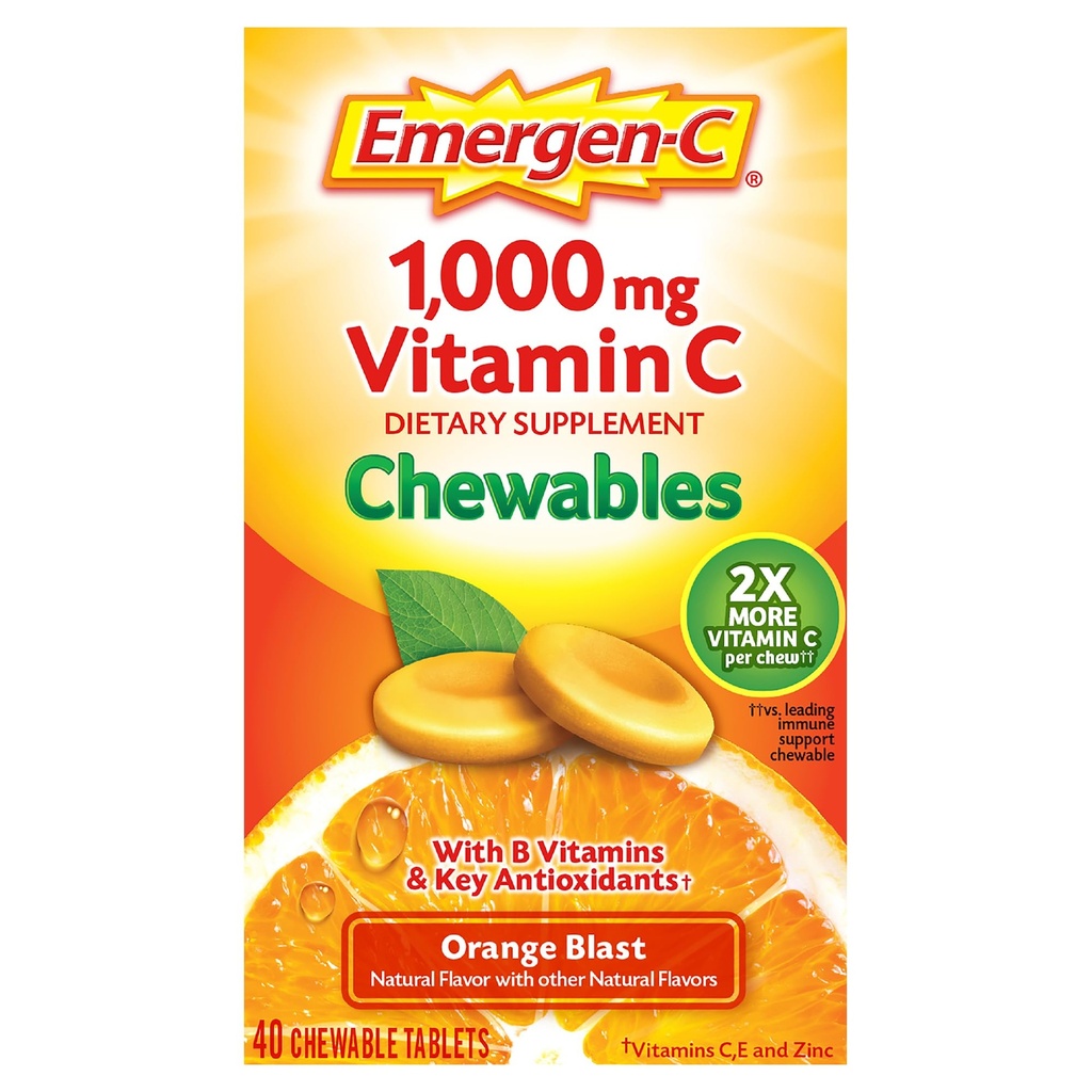 Emergen-C Vitamine à croquer C 1000mg, avec des vitamines B et des antioxydants Comprimé (40 Nombre, Arôme Blast d'orange), Supplément diététique