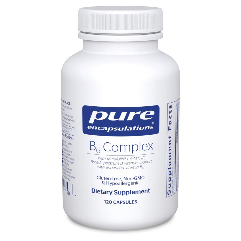 Encapsulations pures Complexe B6 - Supporte le système nerveux et la santé du cerveau* - Comprend des vitamines B - Contient de la vitamine enrichie B6 - Sans OGM et sans gluten - 120 capsules