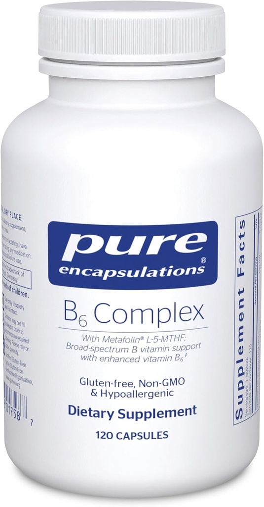 Encapsulations pures Complexe B6 - Supporte le système nerveux et la santé du cerveau* - Comprend des vitamines B - Contient de la vitamine enrichie B6 - Sans OGM et sans gluten - 120 capsules