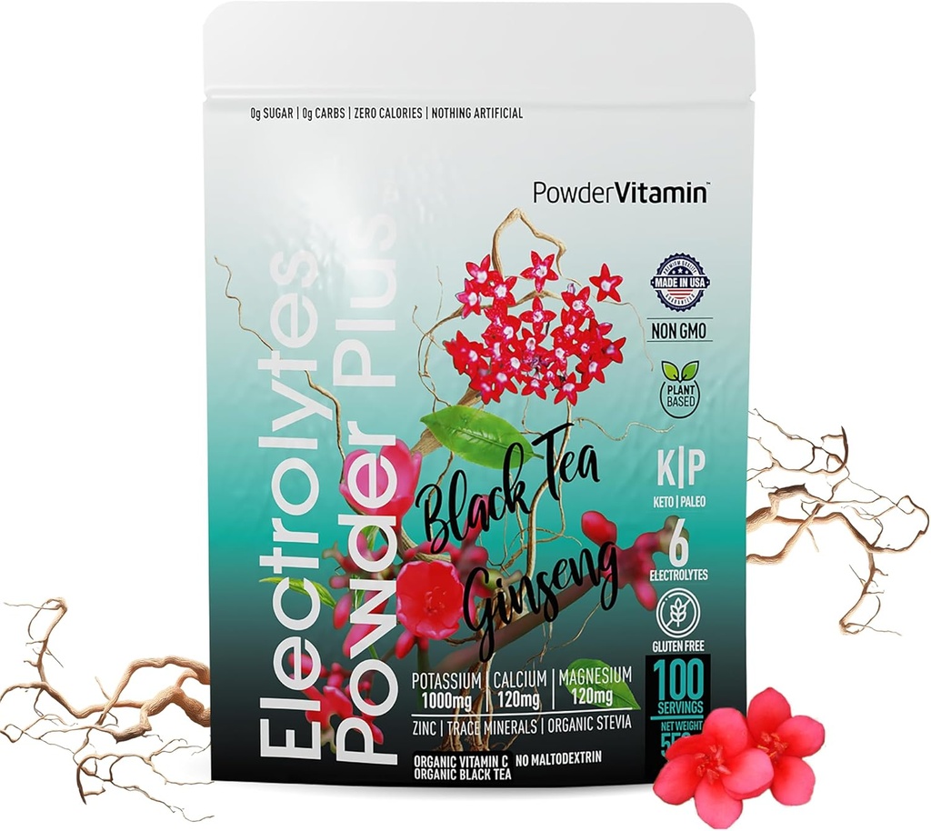 PowderVitamin Elektrolyte Pulver Plus (100 Portionen) Schwarzer Tee Ginseng Elektrolyt Pulver Keto, Zuckerfrei, Rosa Himalaya Salz, 1000mg Kalium, 150mg Calcium, 150mg Magnesium, Hydration Pulver