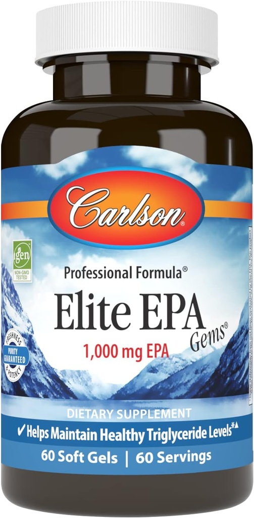 Carlson - Elite EPA Gems, 1000 mg EPA Fish Oil, Wild-Caught, Norwegian Fish Oil Supplement, Sustainable Sourced, Hilft, gesunde Triglycerid Levels, 60 Softgels