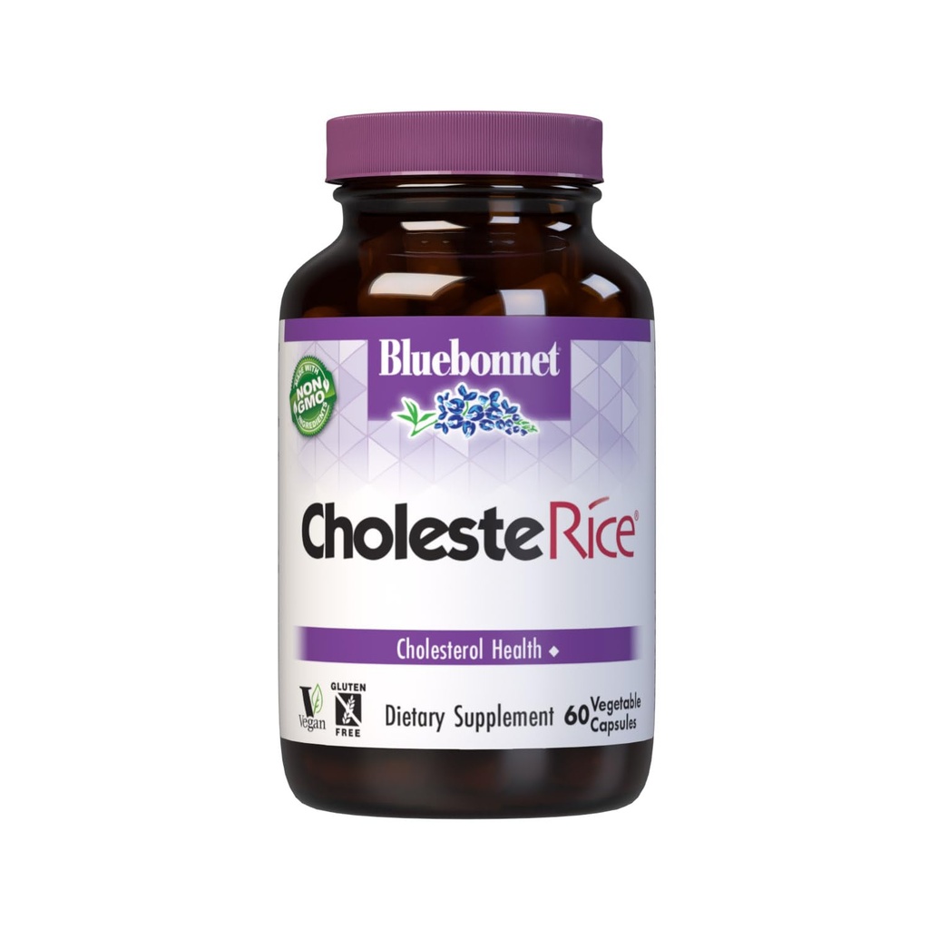 Bluebonnet Nutrition CholesteRice Capsules végétales, Riz rouge de levure, Stérols, Pantethine, CoQ10, Policosanol, Végétarien, Non OGM, Sans gluten, Sans lait, SOY-FREE, 60 Capsules végétales