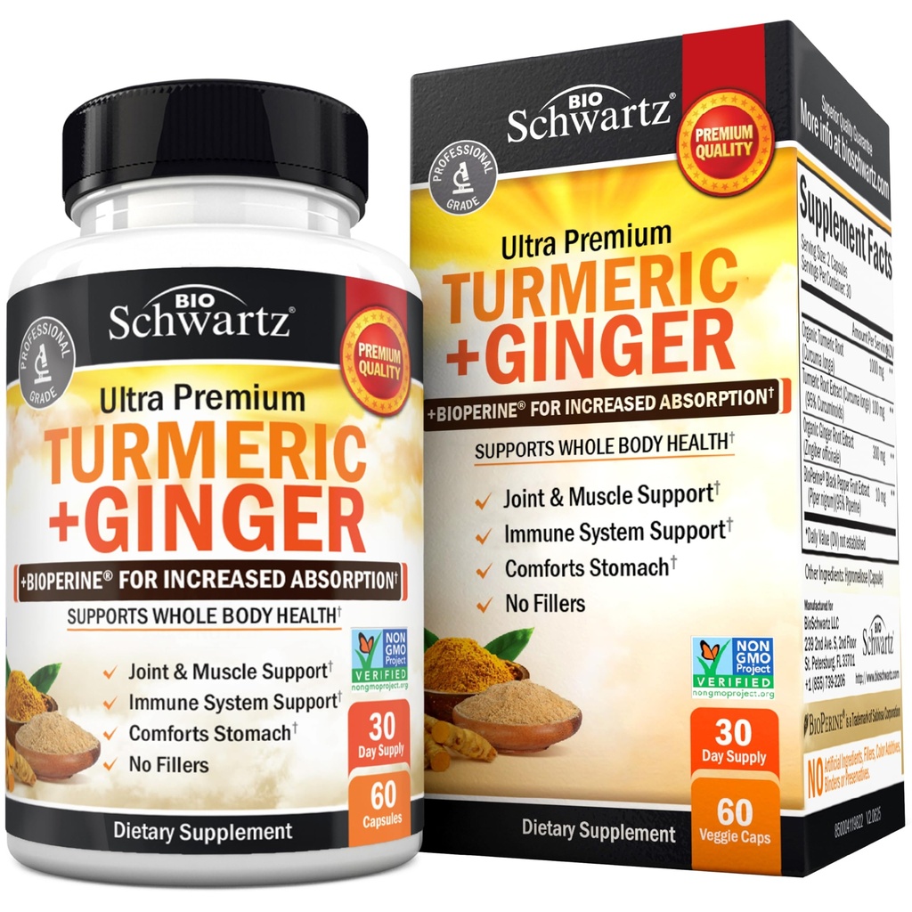 Kurkumin und Ginger Supplement - 95% Standardisierte Curcuminoide mit BioPerine Black Pepper Extract für Ultra High Absorption - Natural Joint Support Supplement - Glutenfrei - 60 Kapseln