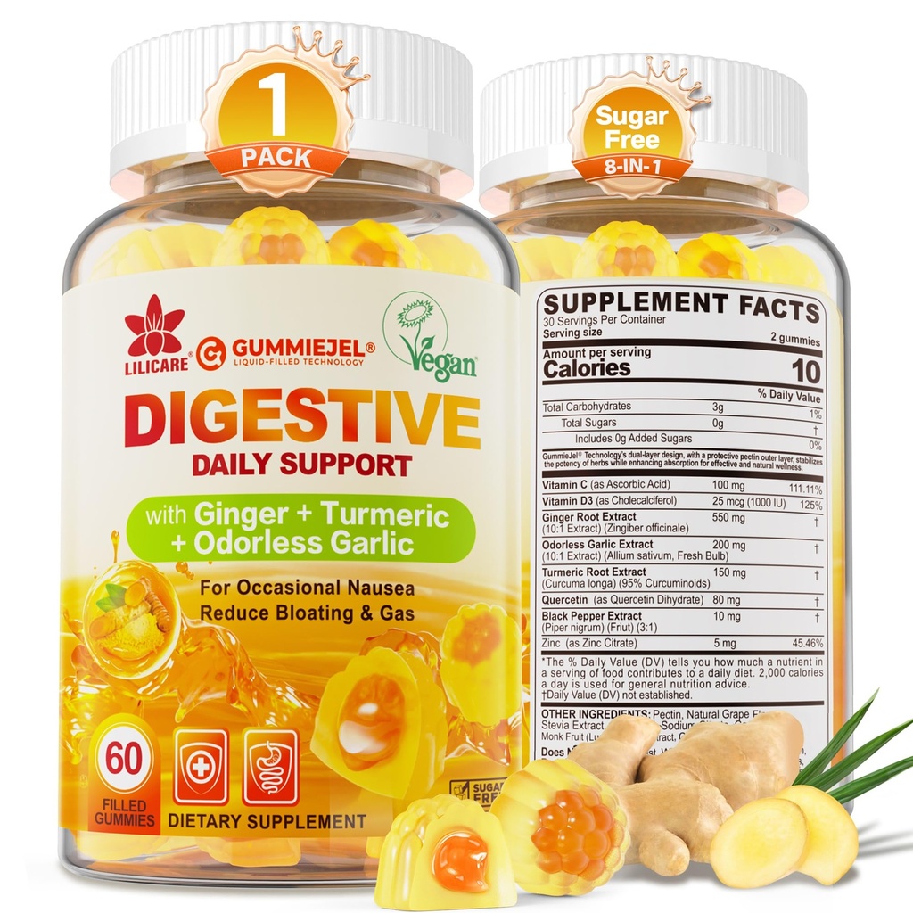 Ginger Chews Gummies für Übelkeit & Verdauungsunterstützung, Stomach Relief - Zuckerfrei mit Turmeric & Odorless Knoblauch, Quercetin, Vitamin D3, C, Delicious Digestive Supplements, 60Cts (Pack von 1)