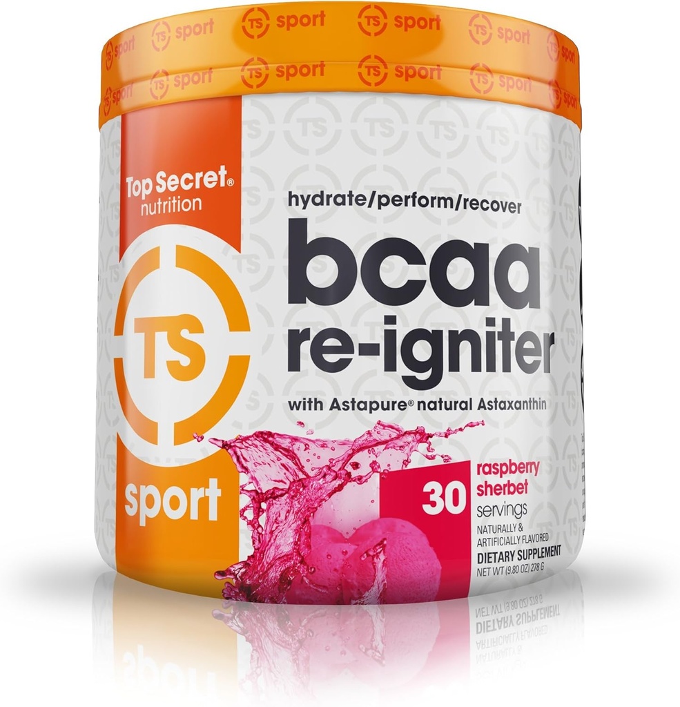 Top Secret Nutrition BCAA Re-Igniter Vegan Aminosäure Supplement mit Astaxanthin und Elektrolyt, Hydration Blend mit Kokoswasser, 9.80 Unze (30 Portionen), Himbeer Sherbet