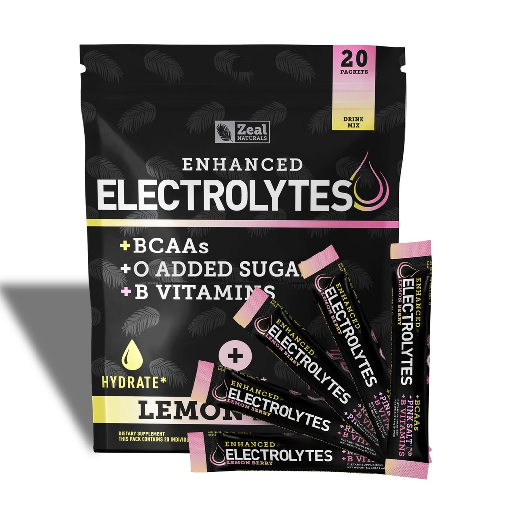 Boîtes de poudre d'électrolyte amélioré (Lemon Berry) avec 20 paquets de sucre + BCAA + B-Vitamines Supplément d'électrolyte avec Zinc Potassium et Magnésium pour l'hydratation - Electrolytes Keto