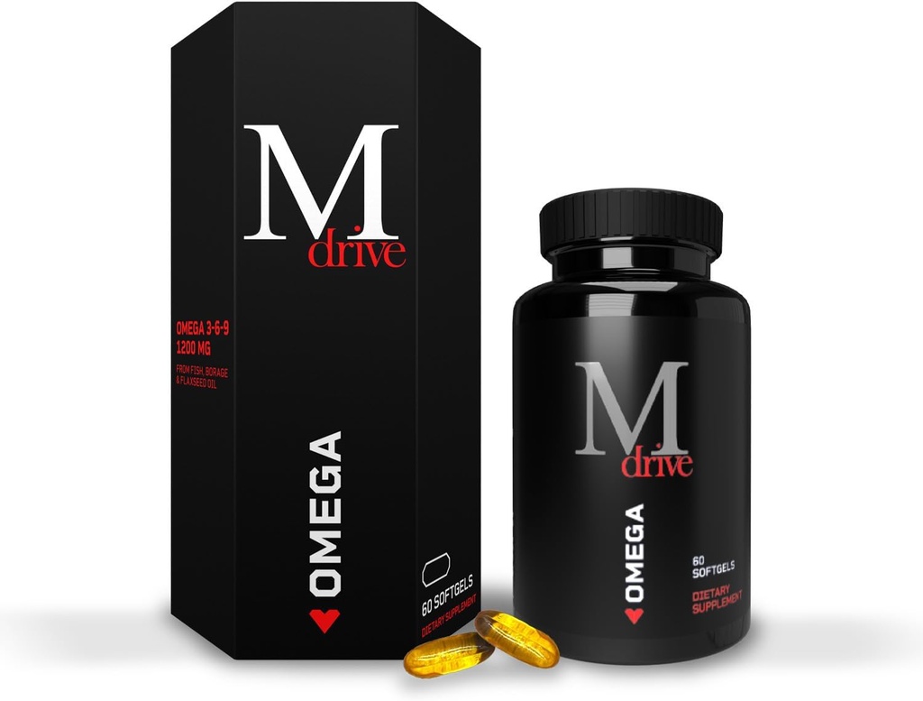 Mdrive Omega 3 Fischöl für Männer, Omega 3-6-9 1200mg von Fisch, Borage & Flaxseed Öl, Unterstützung Herz, Gehirn, Haut und Gelenkgesundheit, 60 Zähler