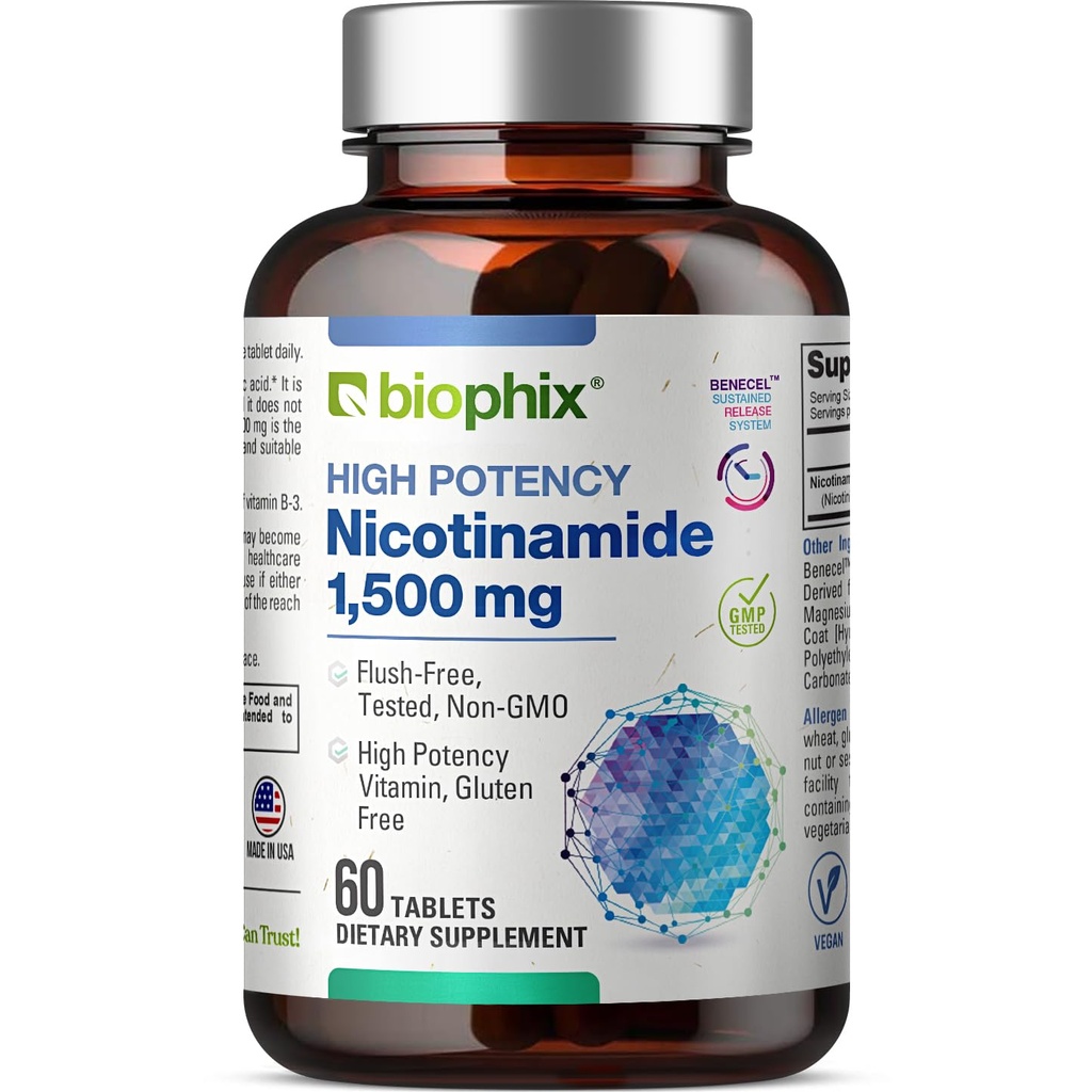 biophix B-3 Nicotinamid 1500 mg 60 Tabletten Maximale Stärke - Nicotinic Amide Niacin Natural Flush-Free Vitamin Formula - Unterstützt Hautzellengesundheit