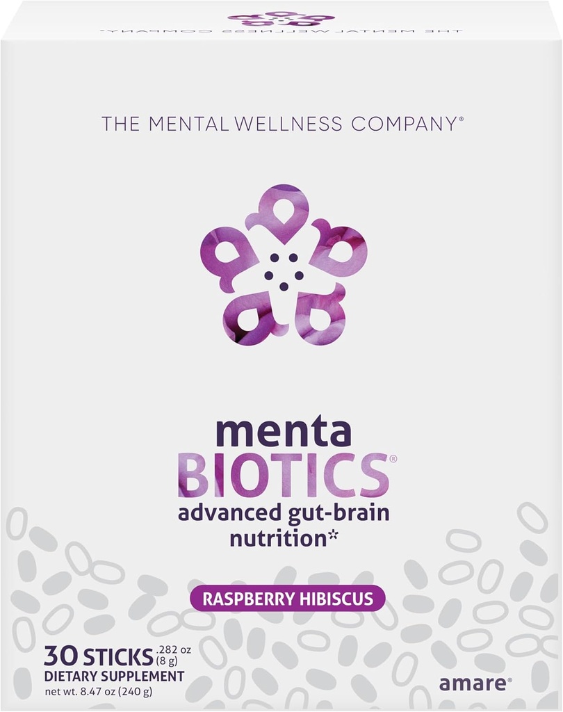 MentaBiotics® Advance Gut Cerveau Nutrition Prébiotique, probiotique et phytobiotique, Hibiscus aux framboises, 30 portions