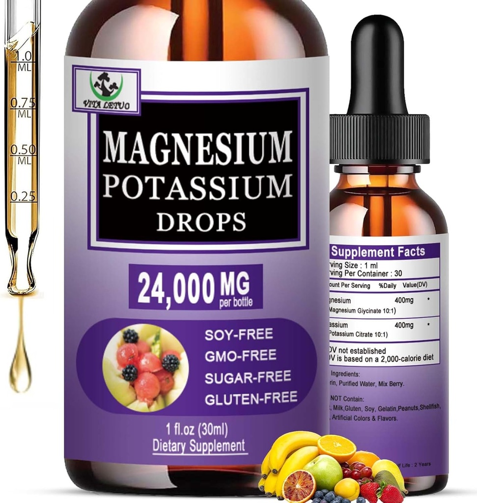 Magnesium-Glycinat mit Kalium-Ergänzung,Liquid Magnesium-Glycinat 500mg Kalium-Zitrat 500mg, Magnesium-Flüssigtropfen für Gefäß, Knochen, Herz, Muskel & Nerve Gesundheit,Non-GMO, Vegan