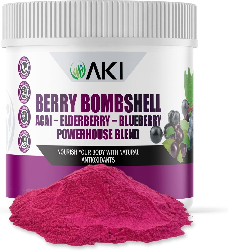 AKI Berry Bombshell - Acai, Elderberry & Blueberry Blend (5.3oz/150g) - Bringt die idealen Beeren zusammen, um eine Ernährung, Flavorful und bequeme Superfood zu schaffen - Vegan Friendly & Gluten Free