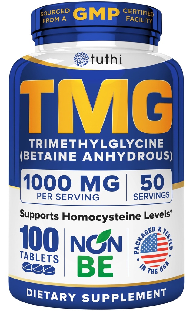 Tuthi TMG Supplement – 1000mg Trimethylglycin – Betaine Aminosäure für Herz-Kreislauf-Unterstützung und gesunde Homocystein-Level – 100 Vegan Tablets – Glutenfrei, Non-GMO – Made in USA