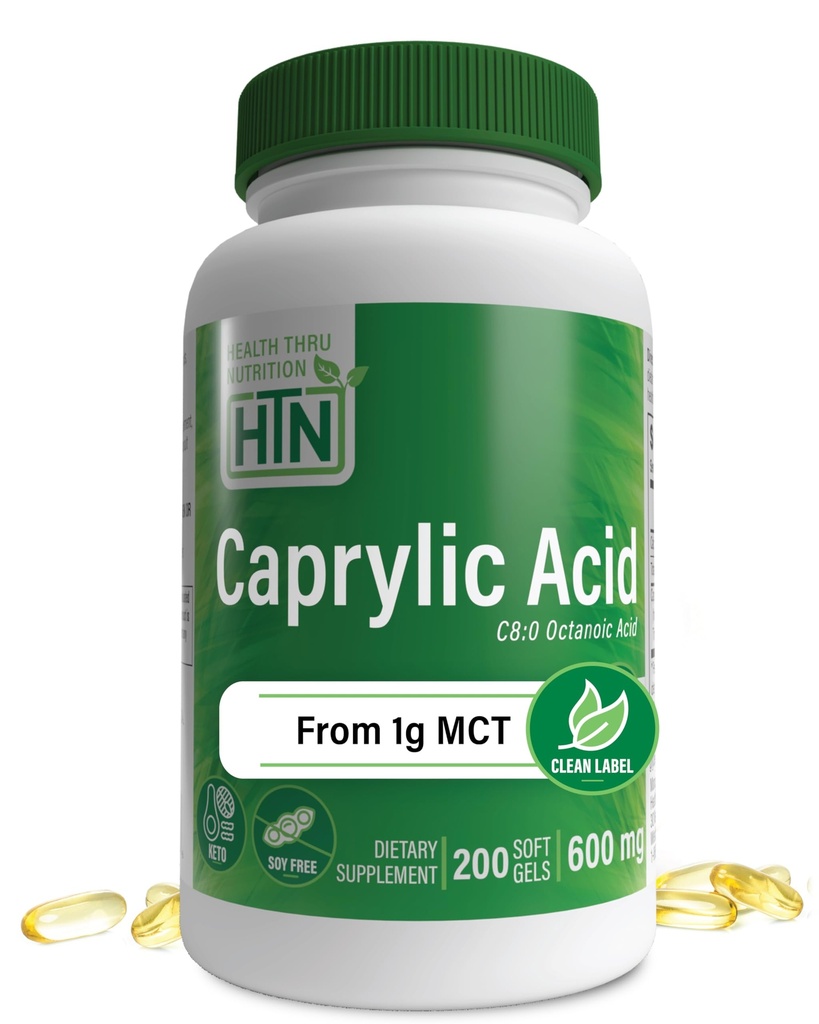 Santé Thru Nutrition Acide caprylique 600mg 200 Softgels , C8 Acid octanoïque de l'huile de MCT 1g pure , sans OGM et sans soja , soutenir santé saine digestive et intestinale , Kéto amical