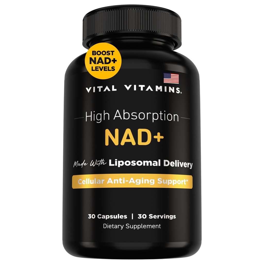 Vitamines vitales Supplément NAD - NAD+ (Nicotinamide Adenine Dinucléotide) pour hommes et femmes - Fabriqué avec livraison liposomique - Support anti-âge cellulaire, énergie, focus - 30 jours d'approvisionnement