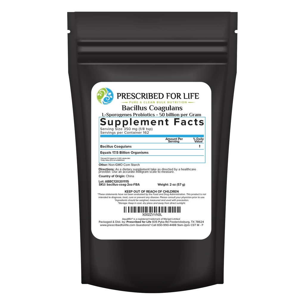 Prescribed For Life Bacillus Coagulans Poudre, Lactobacillus Supplément pour Gut Health Support, Température et Étagère Probiotiques stables, L. Sporogenes (50 Million/Gram) (2oz / 56g)