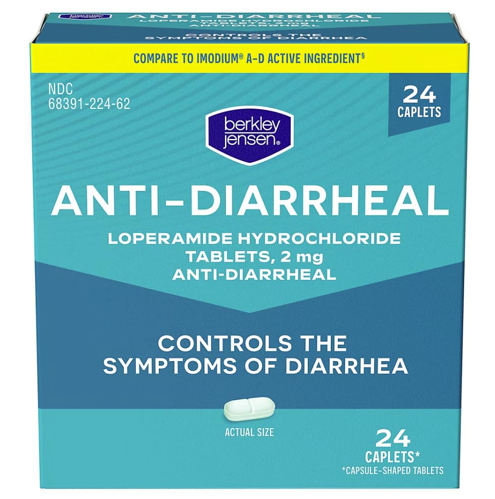 Berkley Jensen Anti-diarrhée Médecine - Loperamide Hydrochloride 2 mg Diarrhée Relief Caplets - Contrôle Symptômes de la diarrhée incluant Diarrhée des voyageurs, Facile à avaler Anti-diarrhée Pills, 24 Ct