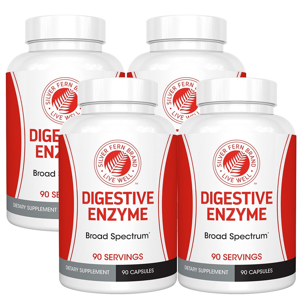 Silver Fern Marke Ultimate Digestive Enzym-Ergänzung - 4 Flaschen - Hohe Potenz, Multi Enzym - Verdauungskomfort und Lebensmitteltoleranz - Amylase, Protease, Cellulase, Mehr