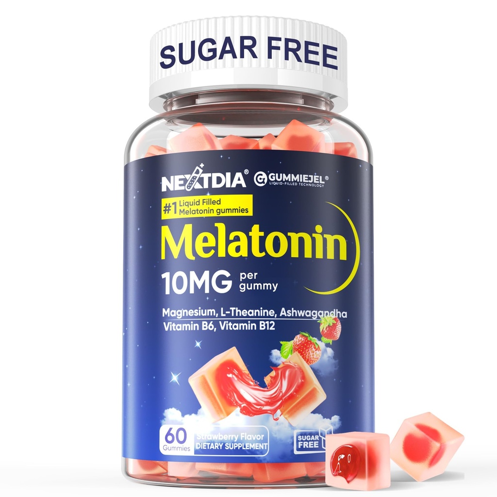 Nextdia Sugar Free Melatonin Gummies 10mg 20mg Magnesium Glycinate Melatonin for Adults, Ashwagandha, L-Theanine, B6, B12, Lemon Balm and Chamomile for Deep Relaxation, Antioxidant, Vegan, 60 Day