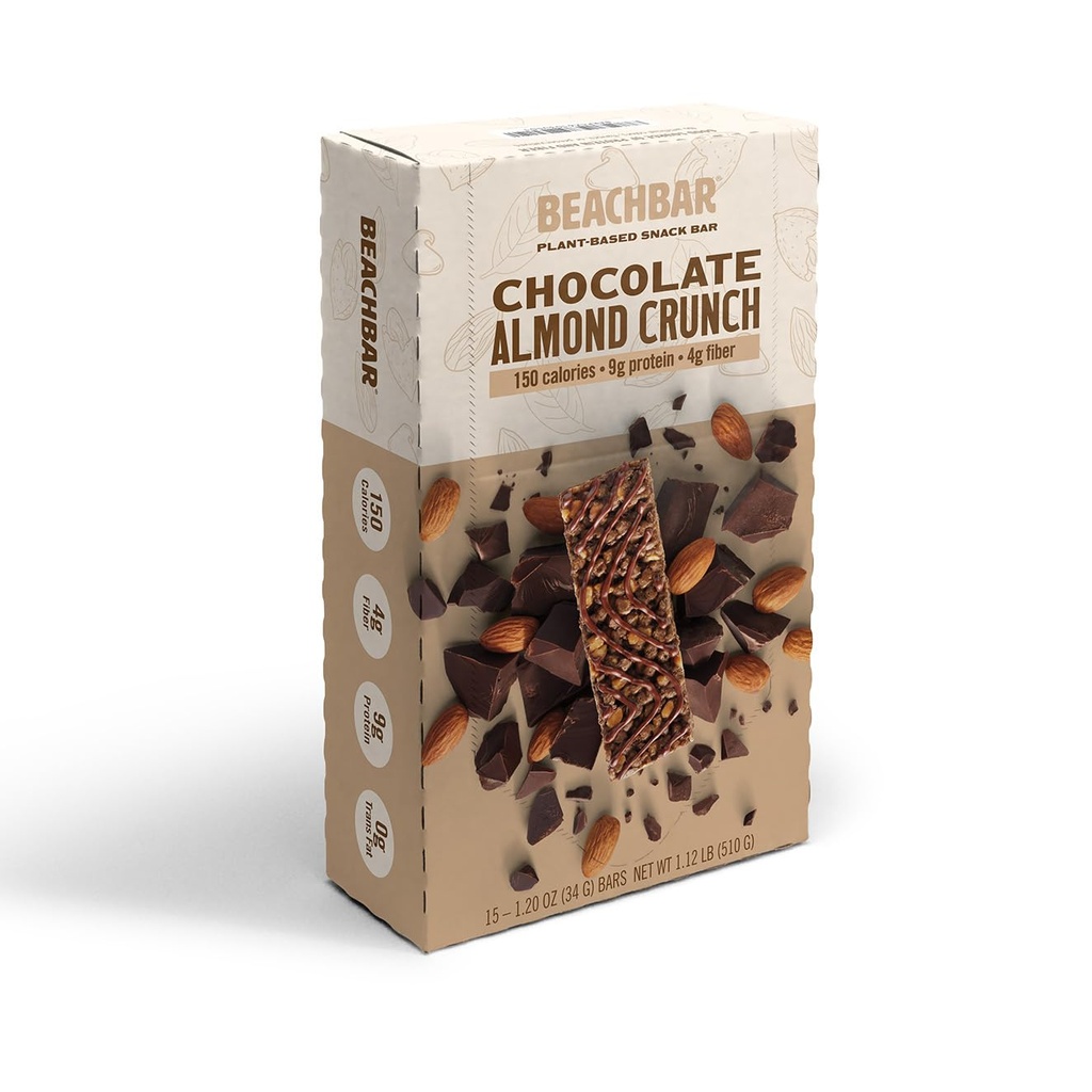 BODi BEACHBAR Plant-Based Chocolate Almond Crunch – Protein Rich Vegan Snack Bar, Gluten-Free, Low Glycemic Index, 10g Protein, 150 Kalorien, 15 Bars pro Box
