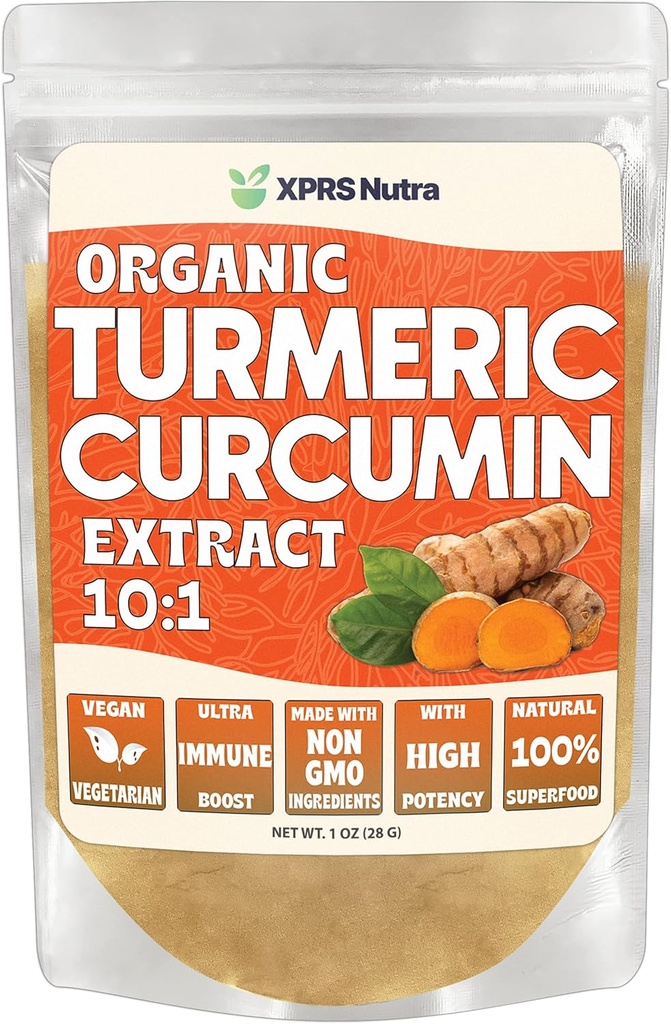 XPRS Nutra Organic Turmeric Curcumin Powder Extract 10:1 - Premium USDA Organic Curcumin Powder for Immunity - Vegan Friendly Pure Curcumin for Gut Health (1 Unze)