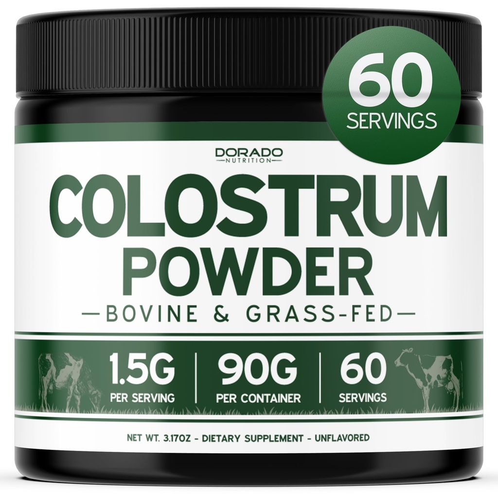 Poudre de supplément de colostrum 90g (60 portions de 1,5g Pure Bovin Colostrum Std. pour contenir 20 % d'IgG Immunoglobulines) Poudre herbeuse - Pas de remplissage, tiers testé, non aromatisé & USA Fabriqué