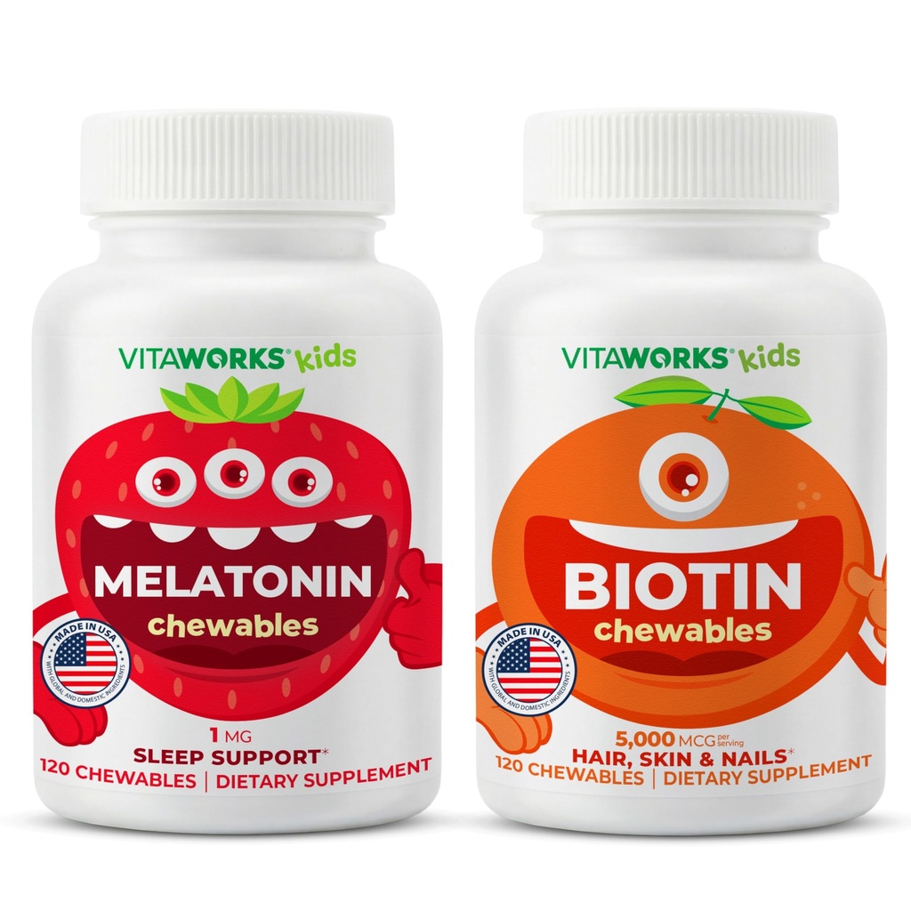 Enfants Melatonine 1mg Chewables + Biotine 5000mcg Chewables Bundle