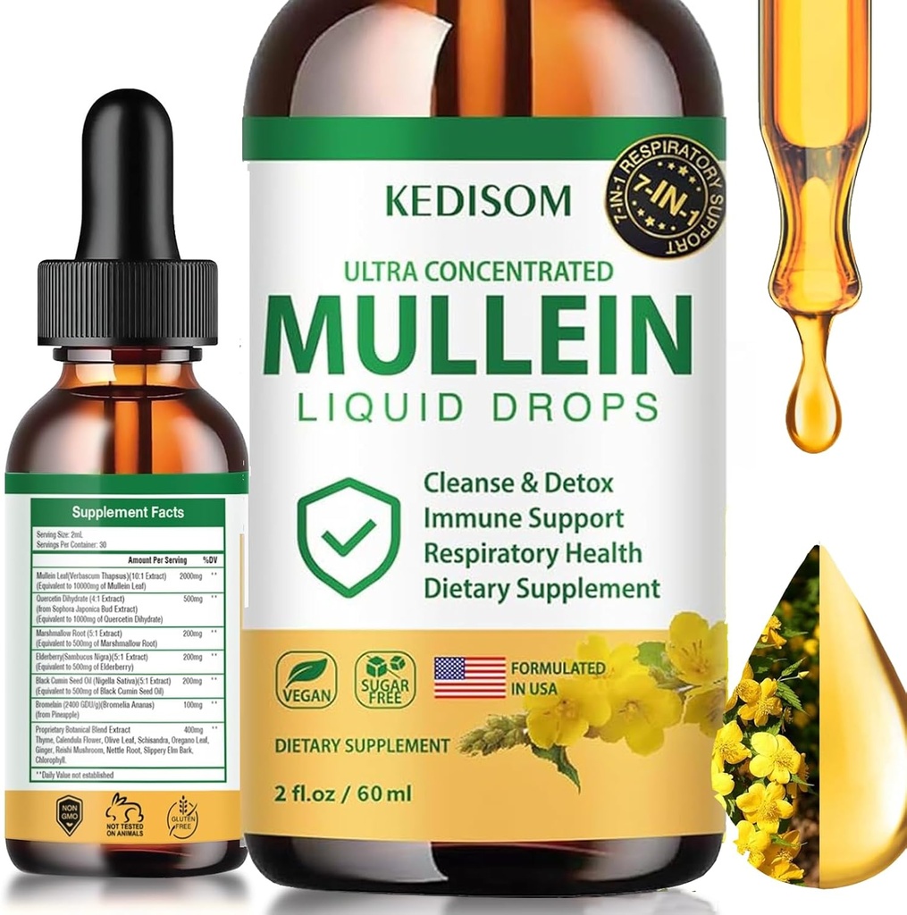 7 in 1 Mullein Tropfen für Lunge 2 Fl Oz - Bio Mullein Blatt Extrakt Supplement - Lung & Bronchial Cleanse für Raucher - Atemschutzunterstützung