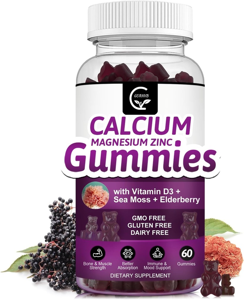 Calcium Magnesium Zinc Gummies with High Absorption Magnesium, Potassium, D3 - for Bone, Muscles, Immune & Sleep Support, Vegan