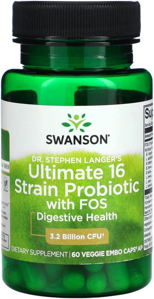 Swanson Dr. Stephen Langer's Formula - Natural Probiotic w/Prebiotic FOS - 16-Strain Supplement Förderung Verdauungsunterstützung w/ 3.2 Billion CFU pro Kapsel - (60 Veggie Kapseln)
