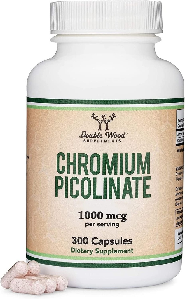 Picolinate de chrome 1000mcg pour une gestion du poids saine (haute absorption et biodisponibilité) (300 capsules Vegan sans danger, sans OGM, sans gluten) par des suppléments en bois double