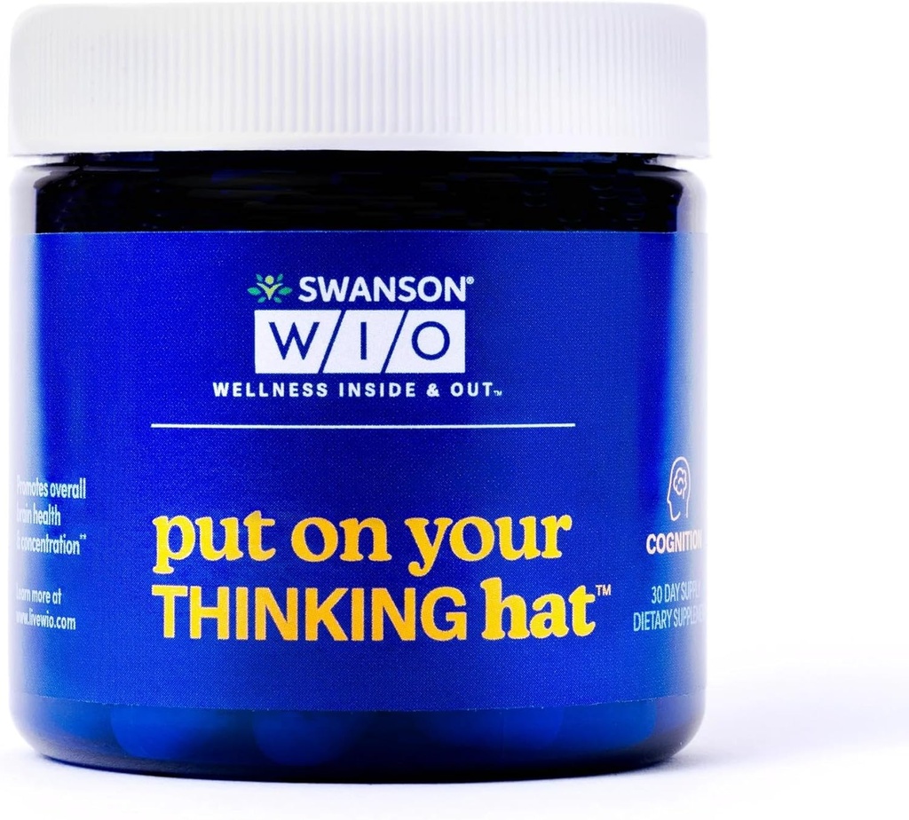 Swanson WIO Mettre votre chapeau pensif Santé du cerveau, concentration, meilleure concentration, Ginkgo Biloba + Neurofactor Fruits du café, végétalien, non-OGM, bien-être, 30 capsules de légumes (30 jours d'approvisionnement)