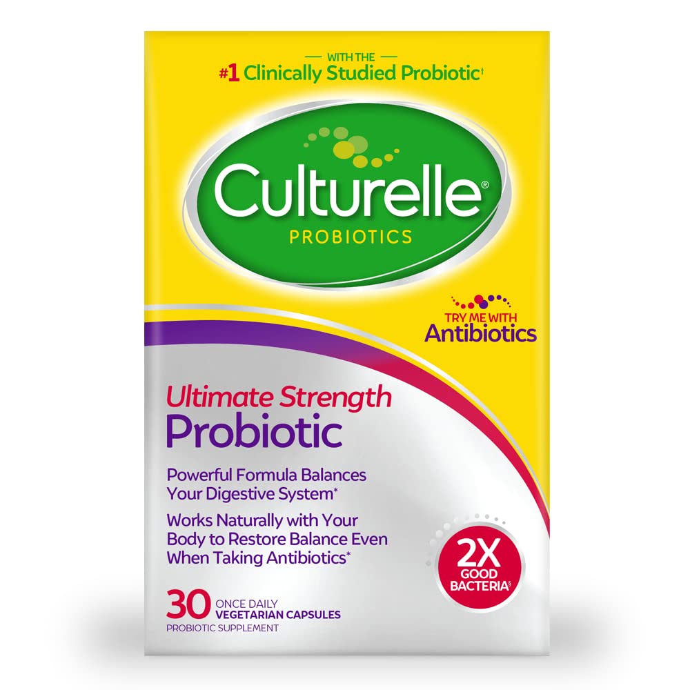 Culturelle Ultimate Strength Probiotic for Men and Women, Most Clinical Studyd Probiotic Strain, 20 Billion CFUs, unterstützt okziale Durchfall, Gas & Bloating, Non-GMO, 30 Count