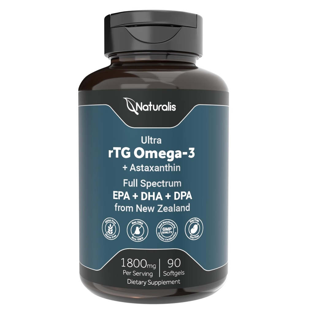 Naturalis Ultimate rTG Omega 3 Huile de poisson 1800mg de thon sauvage de Nouvelle-Zélande - Omega3s pleine spectre EPA, DHA et DPA - Source durable, non OGM, sans gluten - 90 Softgels