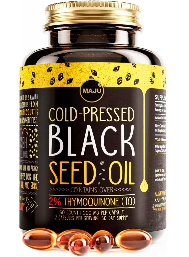 Maju Superfoods Black Seed Oil Capsules - Cold Pressed, 2% Thymoquinone, 100% Türkisch Schwarz Cumin Nigella Sativa Samenöl, Flüssigkeit Pure Blackseed 60 Count, 500mg pro Kapsel